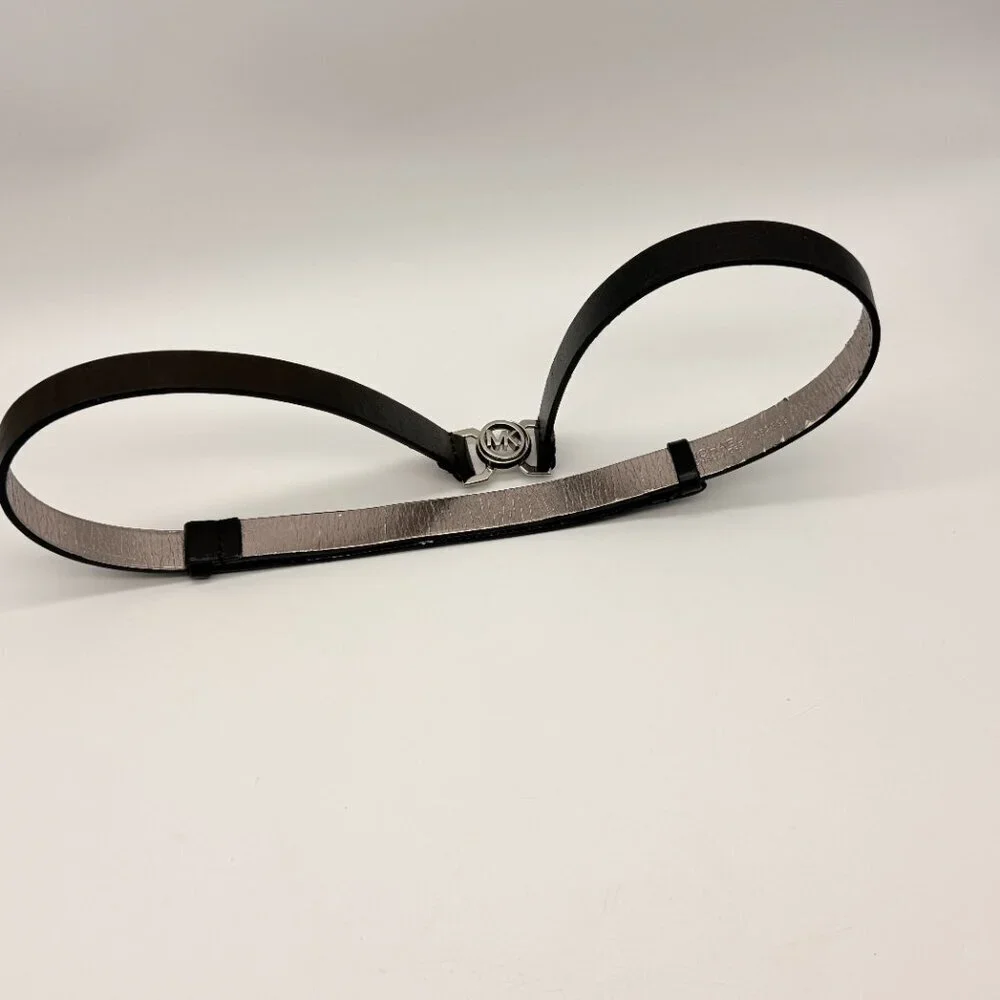 MICHAEL KORS Espresso Brown Genuine Leather Belt - XL - Silver MK Logo Buckle
